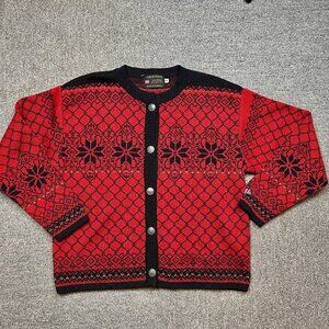 Norskwear Nordic Fair Isle Cardigan 100% Wool Sweater in Red & Black Sz Medium
